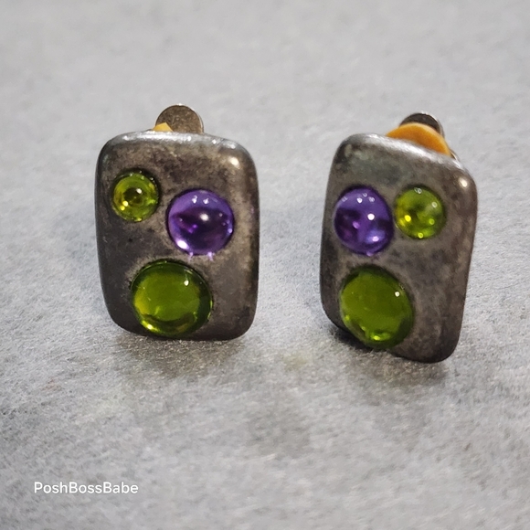 Vintage Clip-On Earrings | Green & Purple Cabochons on Oxidized Metal | ¾" - Picture 1 of 7